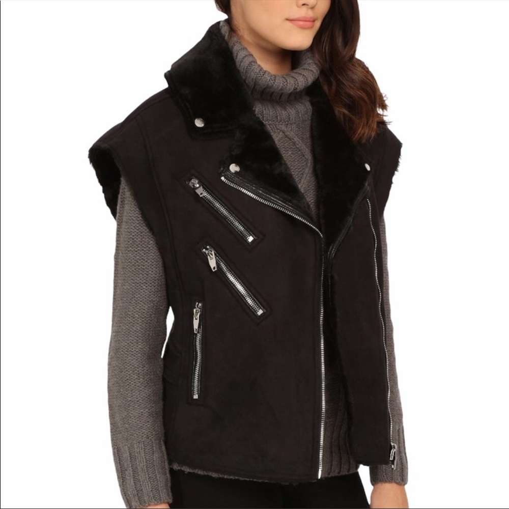 BLANK NYC suede Moto vest Faux fur trim black NWT